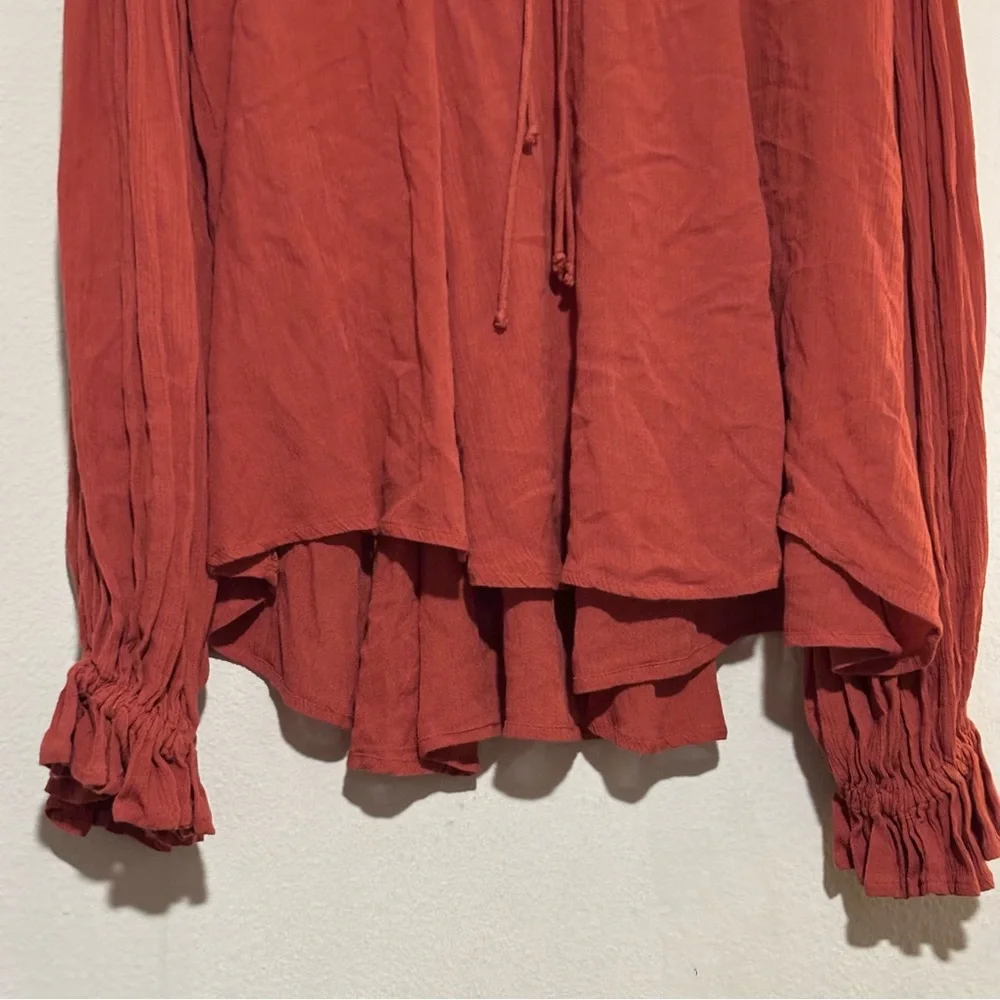 Free People Red Puff Sleeve Blouse with Tie Front